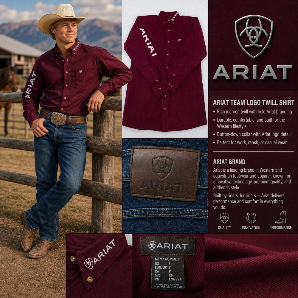 Ariat Team Logo Twill Shirt Mens Small Maroon Long Sleeve Western Ranch Rodeo